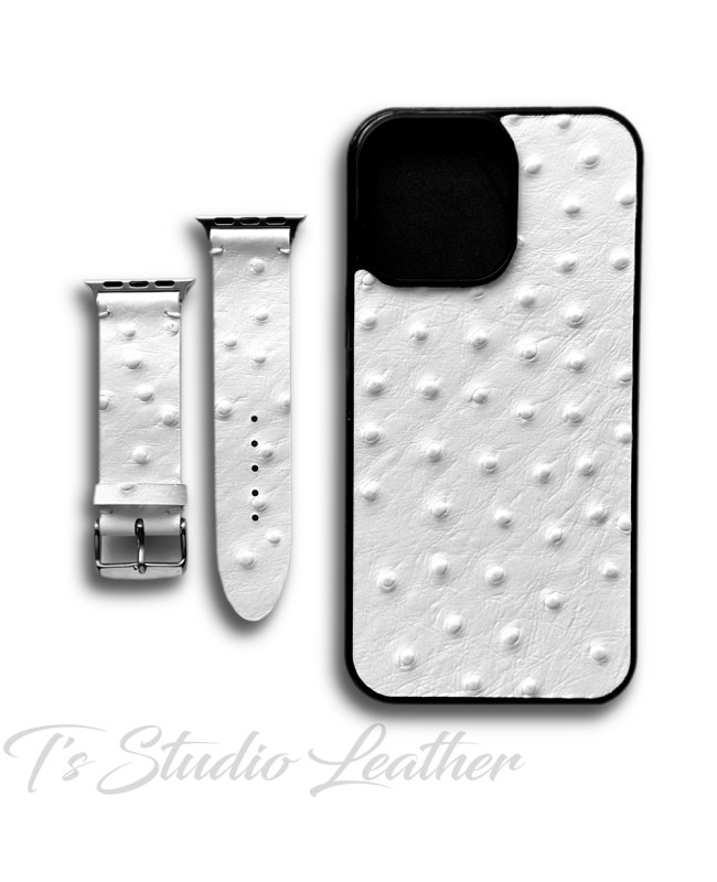 White Leather Ostrich Print - Genuine Leather Watch Band and Matching phone case