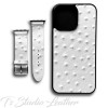 White Leather Ostrich Print - Genuine Leather Watch Band and Matching phone case