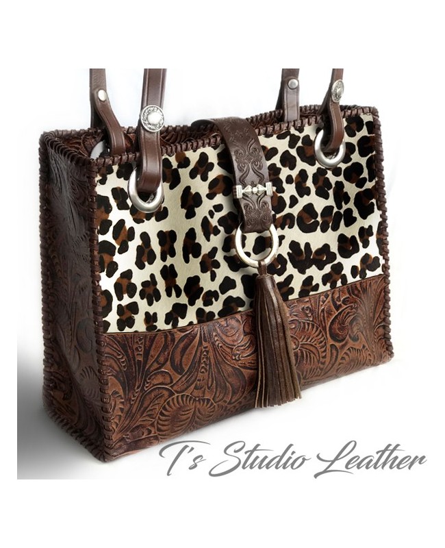 Cheetah Leopard Print Hair on Leather Purse Brown Tooled Leather