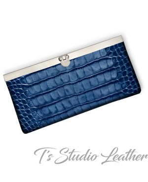 Blue Alligator Croc Textured Genuine Cowhide Leather Women's Wallet