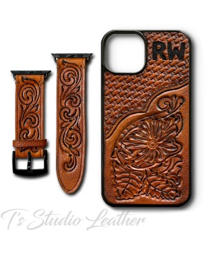 Hand Tooled Leather iPhone Case - Western Style basketweave and floral case and matching watch band