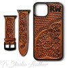 Hand Tooled Leather iPhone Case - Western Style basketweave and floral case and matching watch band