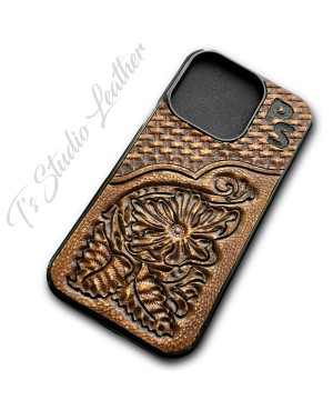Hand Tooled Leather iPhone Case - Western Style basketweave and floral case