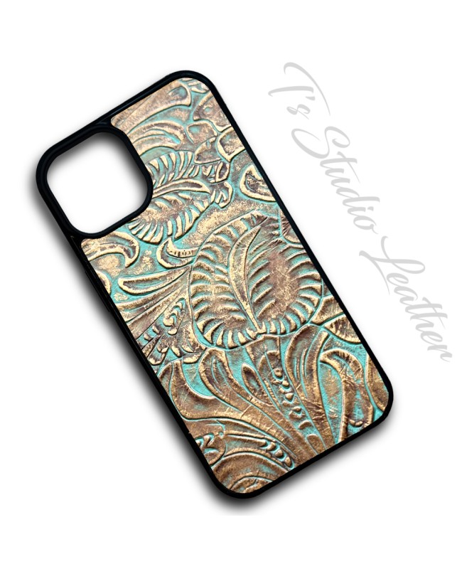 Western Turquoise and Metallic Bronze Leather Phone Case in floral pattern by Ts Studio Leather