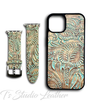 Western Style Turquoise and Bronze Metallic Leather Phone Case with matching Apple Watch band