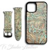 Western Style Turquoise and Bronze Metallic Leather Phone Case with matching Apple Watch band