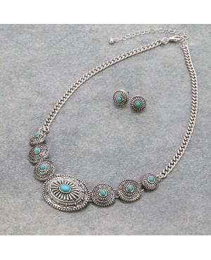 Western Style Cowgirl Turquoise Concho Necklace and Earrings Set