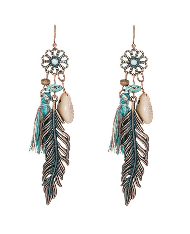 Copper Patina Feather Tassel Chandelier Earrings