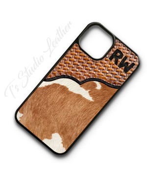 Basketweave Tooled Leather with Cowhide Phone Case
