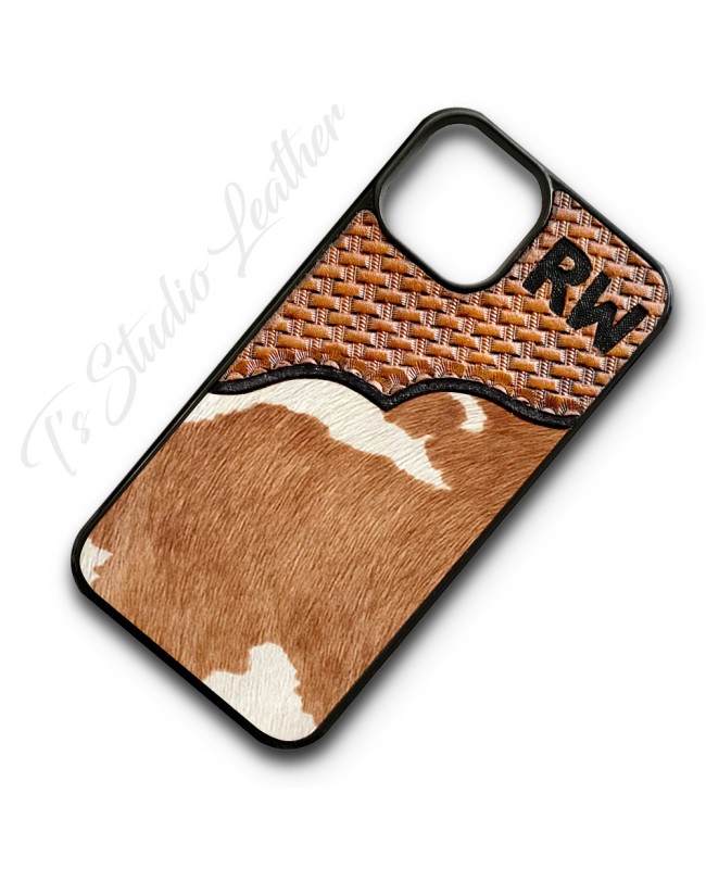 Basketweave Tooled Leather with Cowhide Phone Case