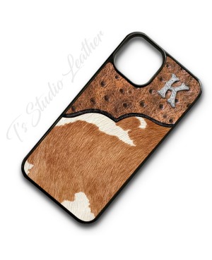 Cognac Ostrich Emu Embossed Leather with Cowhide Phone Case