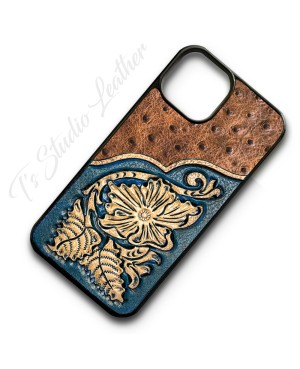 Cognac Ostrich Emu Embossed Leather with Hand Tooled Floral Leather Phone Case