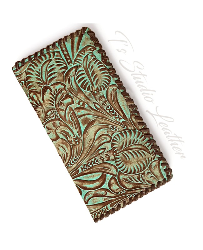 Turquoise and Brown Floral Whipstitched Edge Leather Phone Case