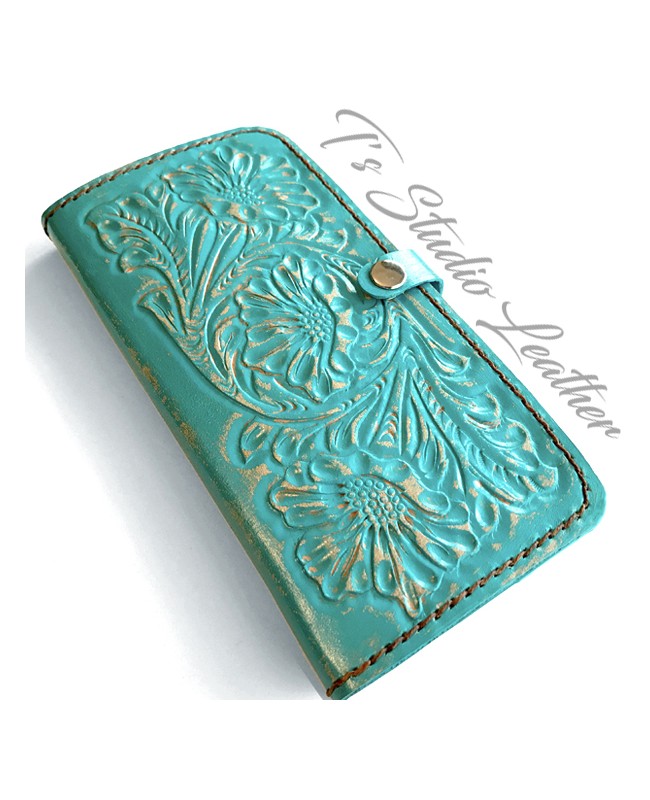 Ts Studio Turquoise Hand Tooled Leather Phone Case - Western Style floral folio wallet style case