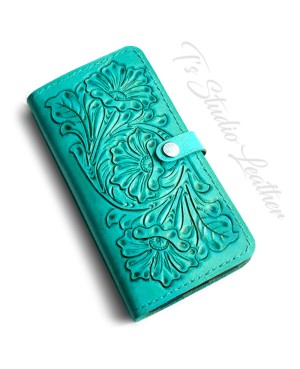 Ts Studio Turquoise Hand Tooled Leather Phone Case - Western Style floral folio wallet style case