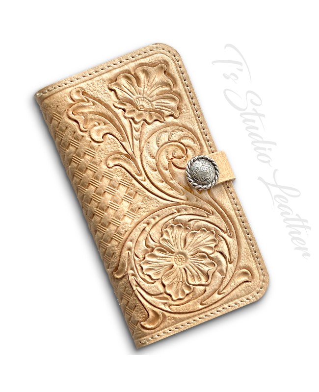 Natural Tan Hand Tooled Floral Leather Phone Case