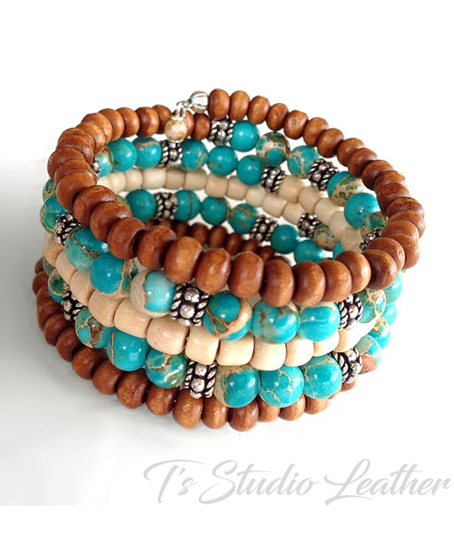 Boho Turquoise Aqua Jasper and Brown Wood Bracelet and matching earrings