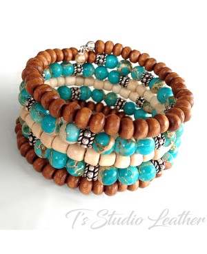 Boho Turquoise Aqua Jasper and Brown Wood Hoop Earrings with ruby accents and matching 5 strand bracelet
