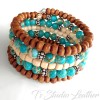 Boho Turquoise Aqua Jasper and Brown Wood Hoop Earrings with ruby accents and matching 5 strand bracelet