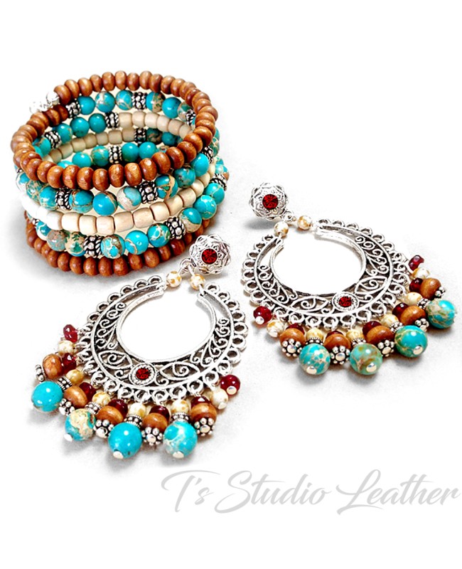 Boho Turquoise Aqua Jasper and Brown Wood Hoop Earrings with ruby accents and matching 5 strand bracelet