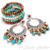 Boho Turquoise Aqua Jasper and Brown Wood Hoop Earrings with ruby accents and matching 5 strand bracelet
