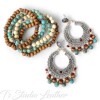 Boho Turquoise Aqua Jasper and Brown Wood Hoop Earrings with ruby accents and matching 5 strand bracelet