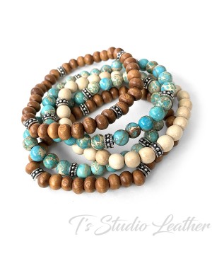 Boho Turquoise Aqua Jasper and Brown Wood Hoop Earrings with ruby accents and matching 5 strand bracelet