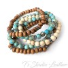 Boho Turquoise Aqua Jasper and Brown Wood Hoop Earrings with ruby accents and matching 5 strand bracelet