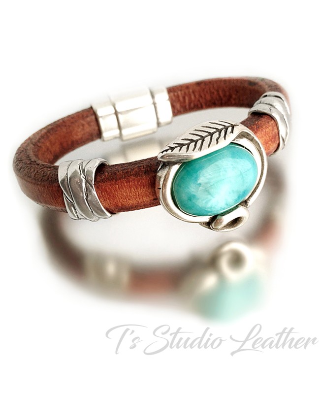 Leather Bracelet Whiskey Brown Regaliz Licorice Cuff Wristband with Turquoise Focal Slider