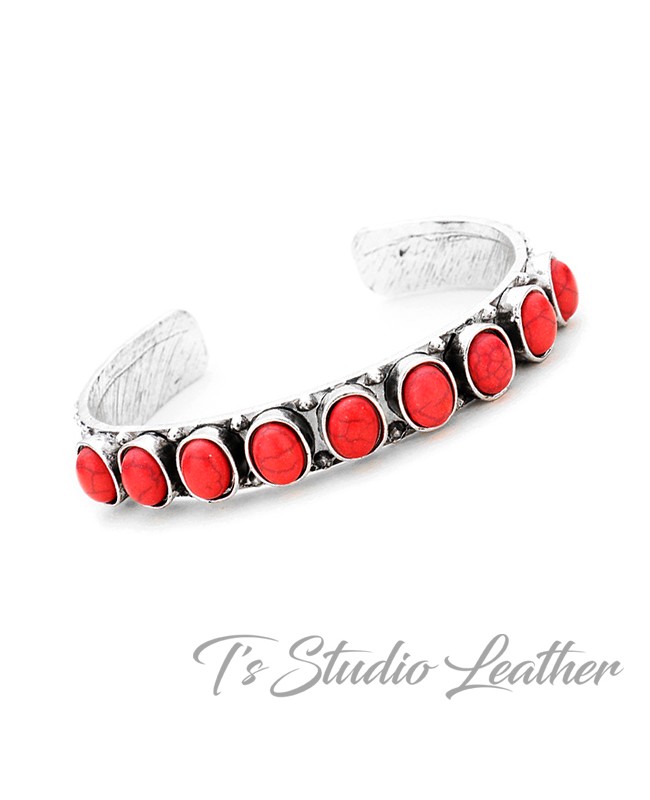 Western Antique Silver and Red Cuff Bracelet