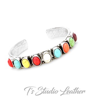 Silver and Multi Colored Stone Cuff Bracelet