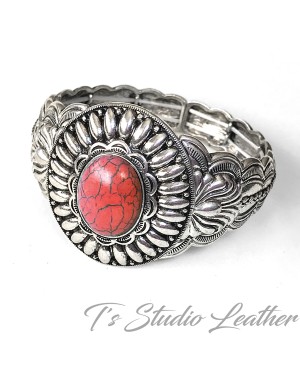 Western Silver and Red Cuff Bracelet