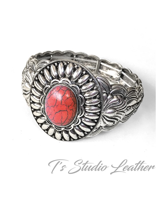 Western Silver and Red Cuff Bracelet