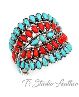 Large Western Style Silver, Red and Turquoise Concho Cuff Bracelet.