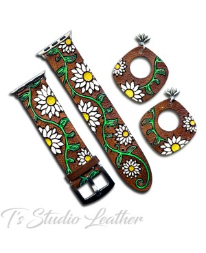 White Yellow Daisies Leather Watch Band and Matching Earrings