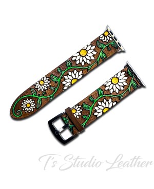 White Yellow Daisies Leather Watch Band