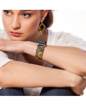 Hand Painted Yellow Sunflower Leather Apple Watch Band and Matching Earrings Set