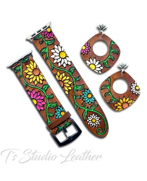 Colorful Sunflower Daisy Leather Watch Band Earrings Set