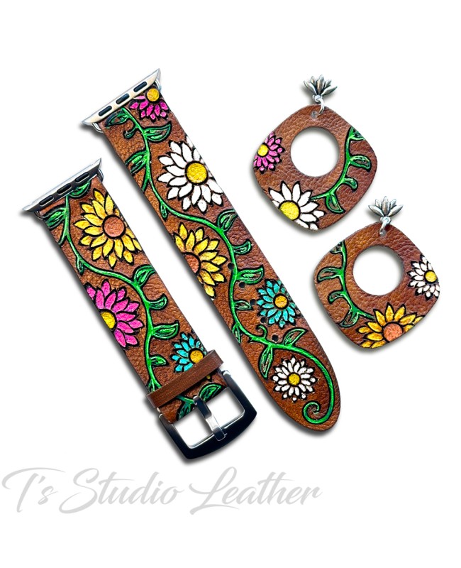 Colorful Sunflower Daisy Leather Watch Band Earrings Set