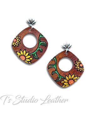 Floral Leather Earrings with Sunflowers and Daisies