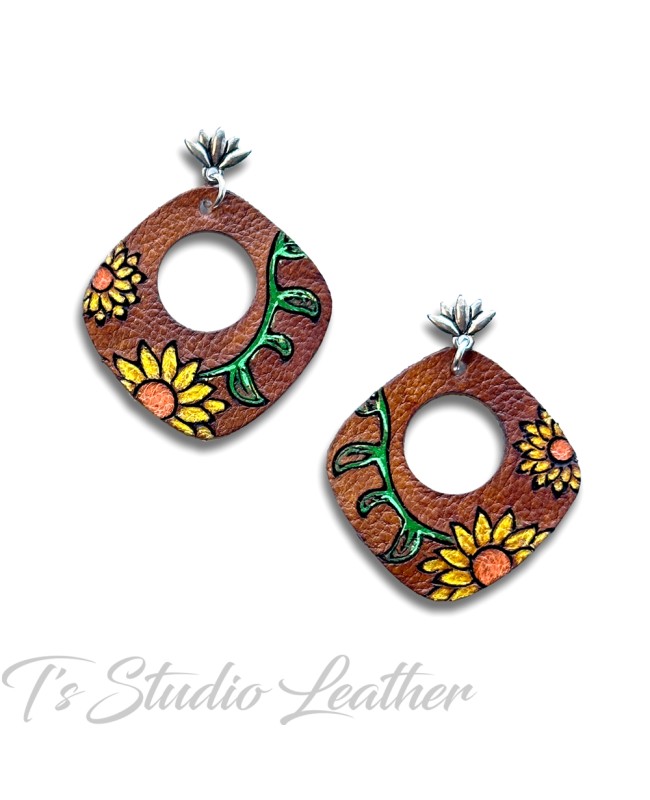 Floral Leather Earrings with Sunflowers and Daisies
