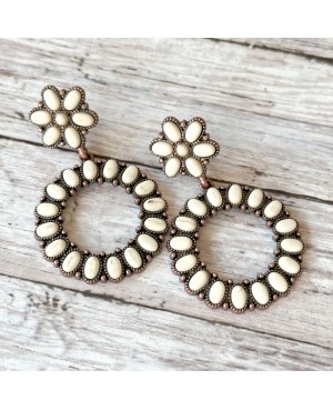 Antique Copper and Ivory Stone Hoop Circle Earrings
