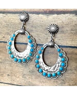 Western Turquoise and Silver Hoop Concho Earrings - Western Style Jewelry