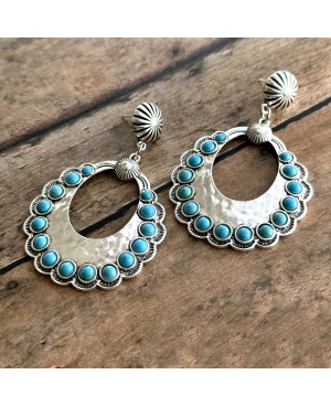 Western Turquoise and Silver Hoop Concho Earrings - Western Style Jewelry