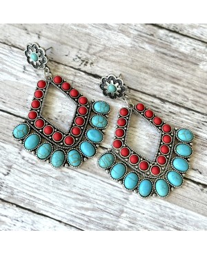 Turquoise and Red Concho Statement Earrings