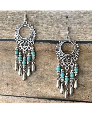 Silver Turquoise Feather Bohemian Dream Catcher Earrings