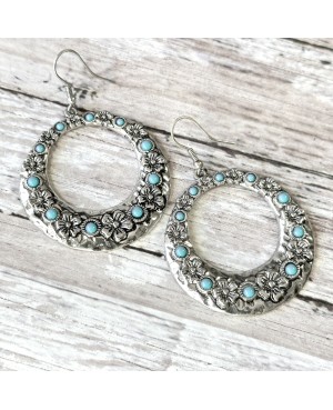 Floral Silver Hoop Earrings with Turquoise