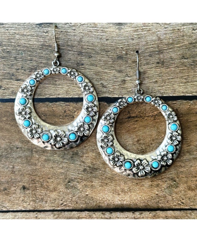 Floral Silver Hoop Earrings with Turquoise