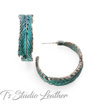 Copper Patina Feather Turquoise Hoop Earrings