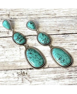 Long Dangling Western Style Turquoise Stone Earrings in Antique Silver Settings, with post style back